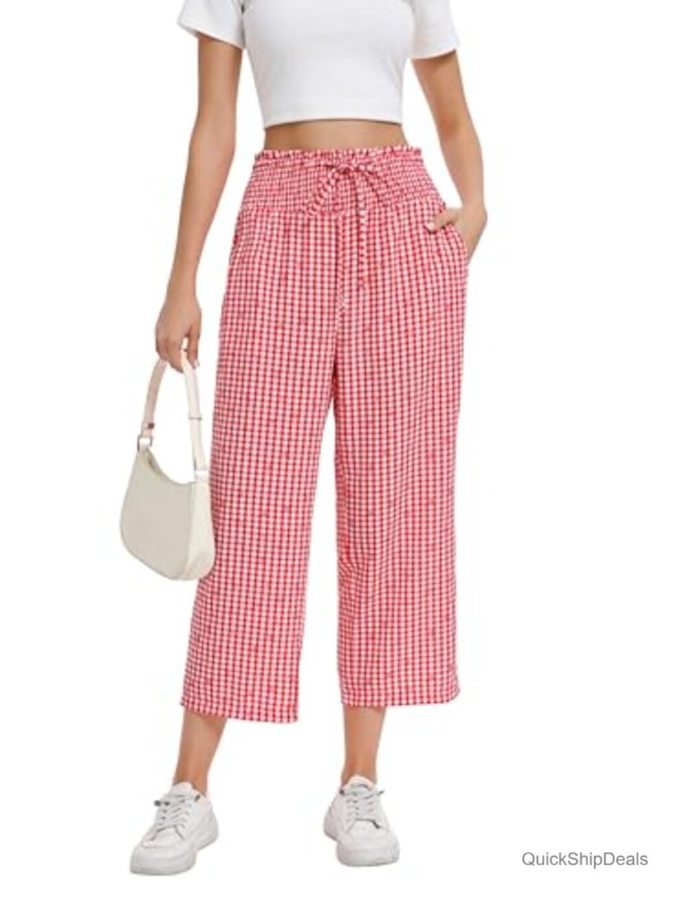 Wide Leg Palazzo Pants High Waisted Smocked Flowy Cropped Pockets Summer Beach